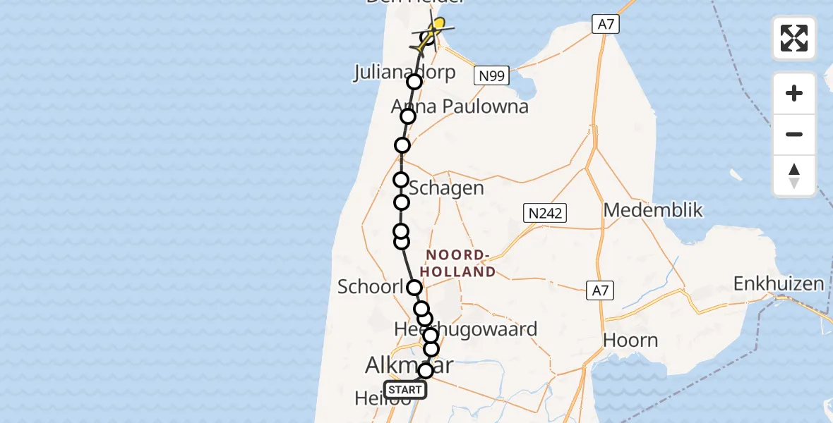 Routekaart van de vlucht: Kustwachthelikopter naar Vliegveld De Kooy, Koelmalaan