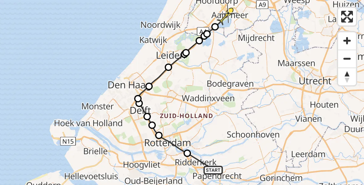 Routekaart van de vlucht: Politiehelikopter naar Aalsmeer, Wickenburgstraat