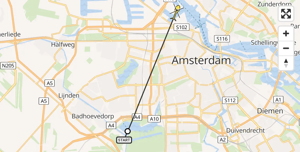 Routekaart van de vlucht: Politiehelikopter naar Amsterdam, Oude Haagseweg