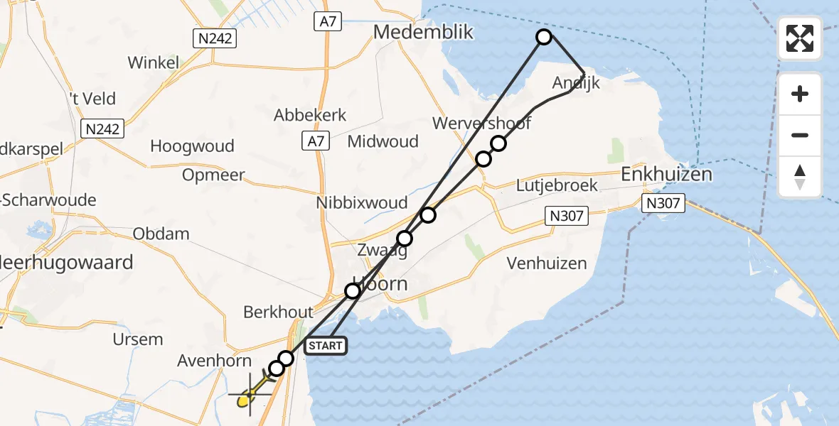 Routekaart van de vlucht: Politieheli naar Oudendijk, Kustroute van Enkhuizen naar Den Oever