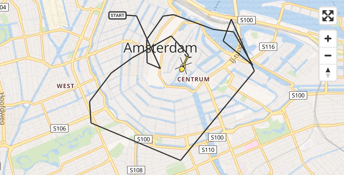 Routekaart van de vlucht: Politiehelikopter naar Amsterdam, Rokin