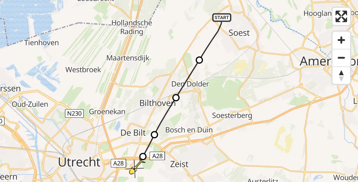 Routekaart van de vlucht: Lifeliner 1 naar Universitair Medisch Centrum Utrecht, Veenpad