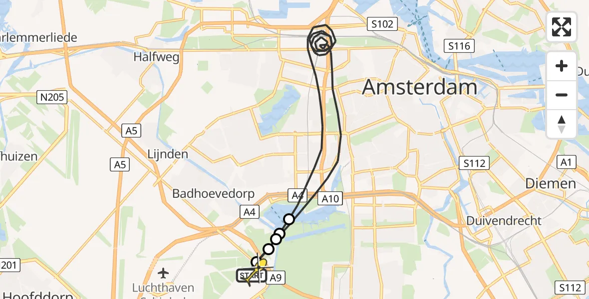 Routekaart van de vlucht: Politieheli naar Schiphol, Nieuwemeerdijk