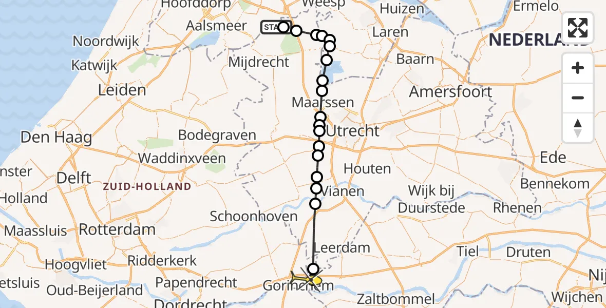 Routekaart van de vlucht: Politieheli naar Gorinchem, Botshol