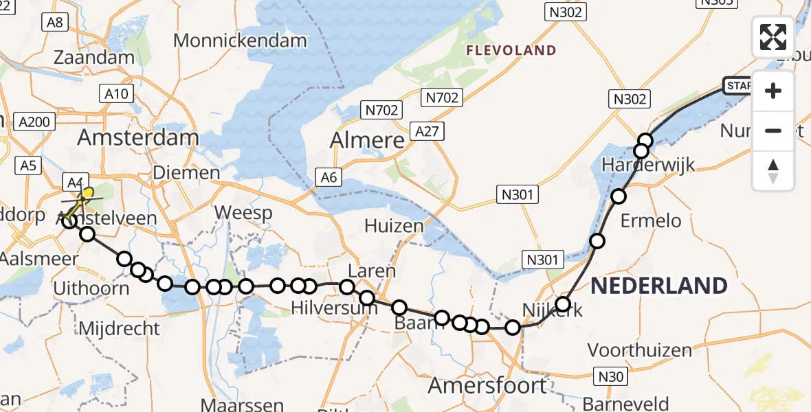 Routekaart van de vlucht: Politieheli naar Schiphol, Bremerbergdijk