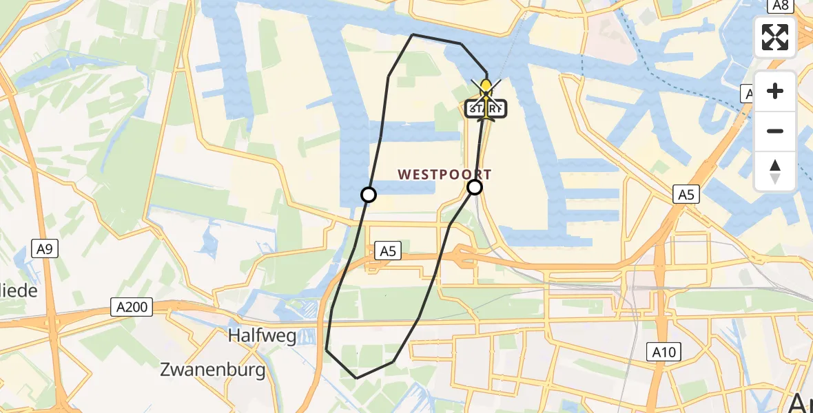 Routekaart van de vlucht: Lifeliner 1 naar Amsterdam Heliport, Stromboliweg