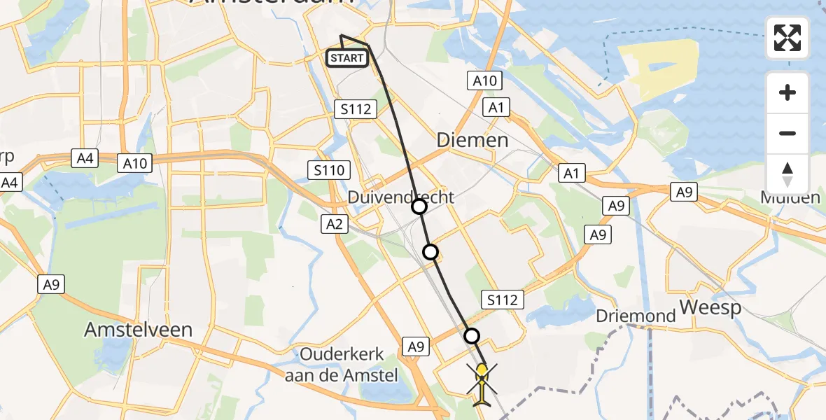 Routekaart van de vlucht: Lifeliner 1 naar Academisch Medisch Centrum (AMC), Tweede van Swindenstraat