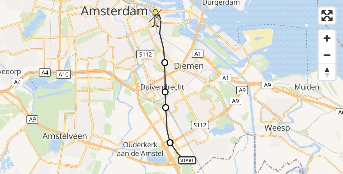 Routekaart van de vlucht: Lifeliner 1 naar Amsterdam, Gaasperdammerweg