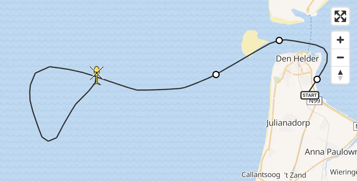 Vluchtroute Kustwachthelikopter van Vliegveld De Kooy naar 