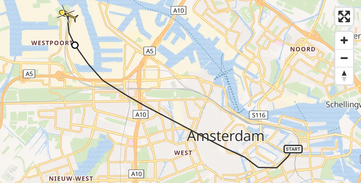 Routekaart van de vlucht: Lifeliner 1 naar Amsterdam Heliport, Valckenierstraat