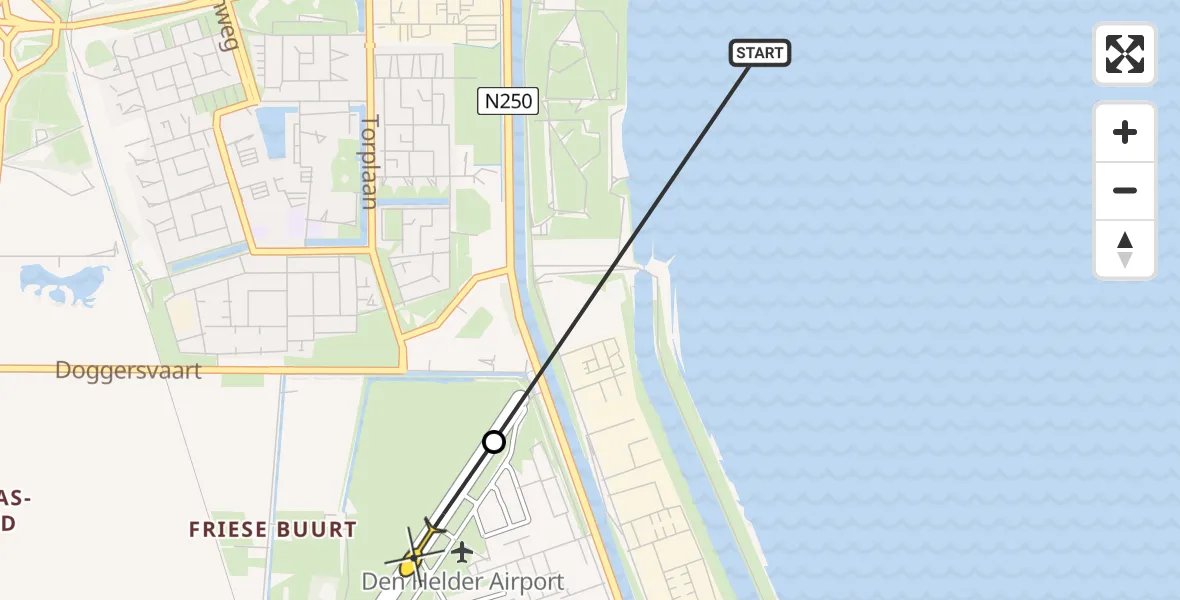 Routekaart van de vlucht: Kustwachthelikopter naar Vliegveld De Kooy, Rijksweg