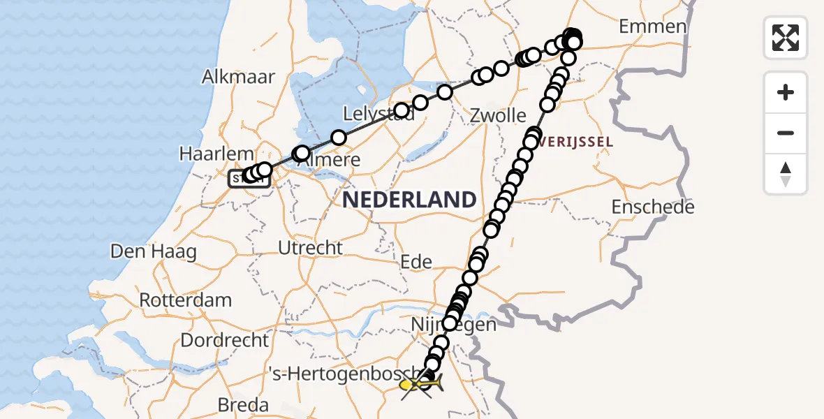 Vluchtroute Politiehelikopter van Schiphol naar Vliegbasis Volkel