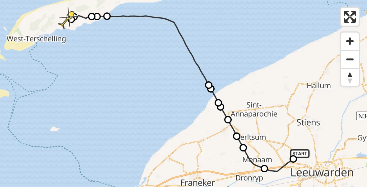 Routekaart van de vlucht: Ambulanceheli naar Midsland, Sasker van Heringawei