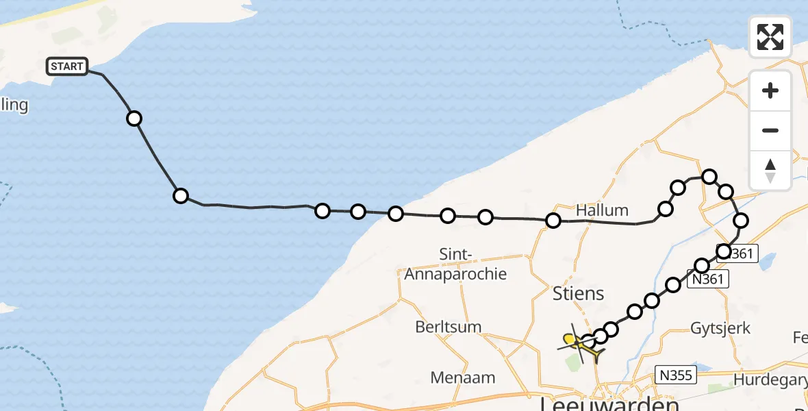 Routekaart van de vlucht: Ambulanceheli naar Vliegbasis Leeuwarden, De Keag