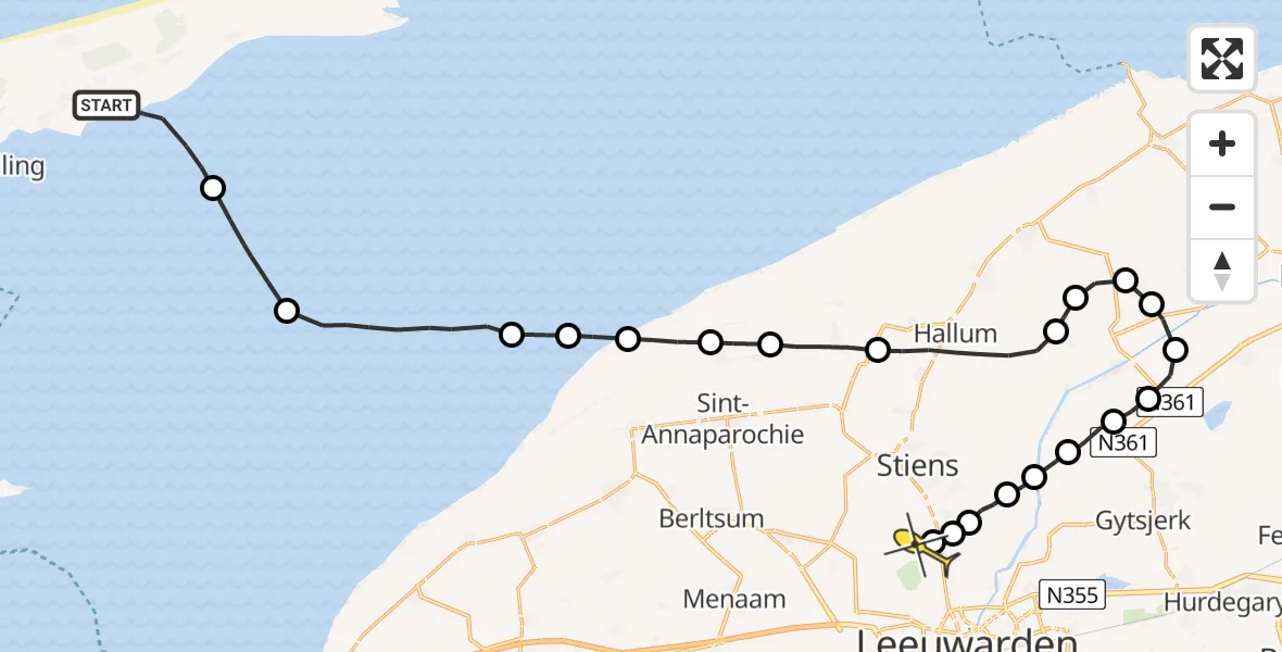 Routekaart van de vlucht: Ambulancehelikopter naar Vliegbasis Leeuwarden, De Keag