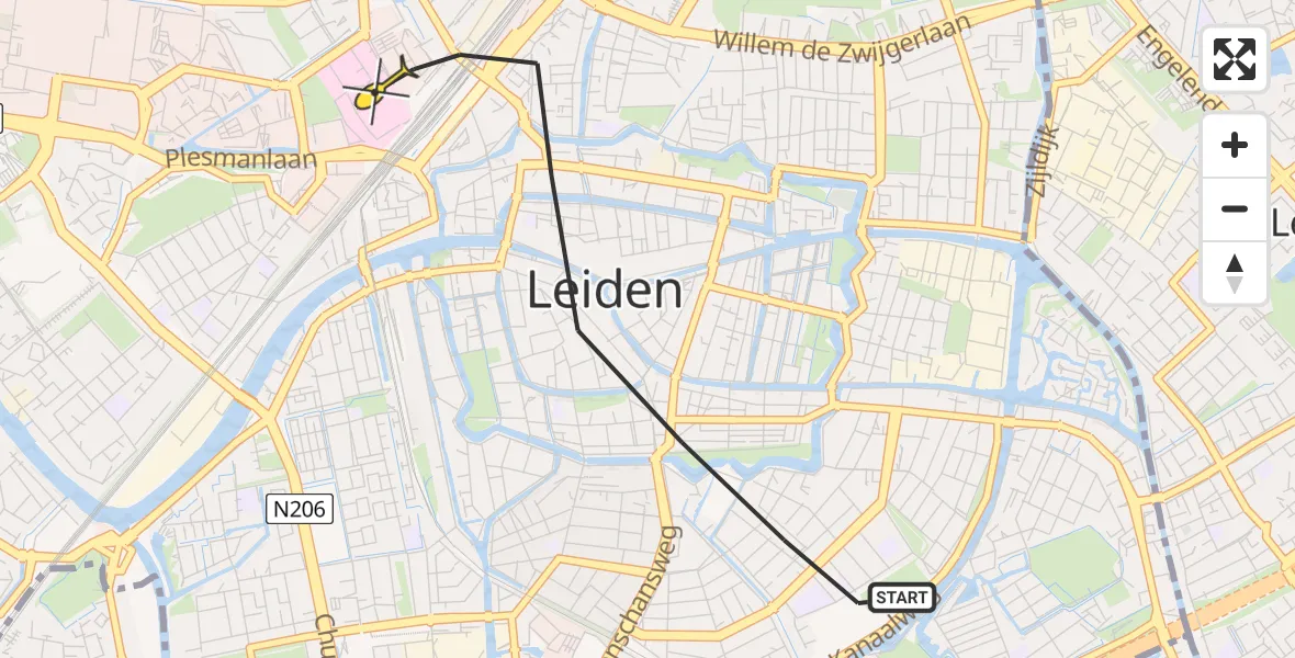 Routekaart van de vlucht: Lifeliner 2 naar Leiden, Langebrug