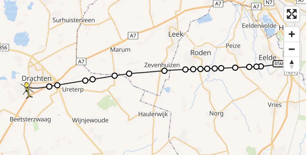 Routekaart van de vlucht: Lifeliner 4 naar Drachten, Molenweg