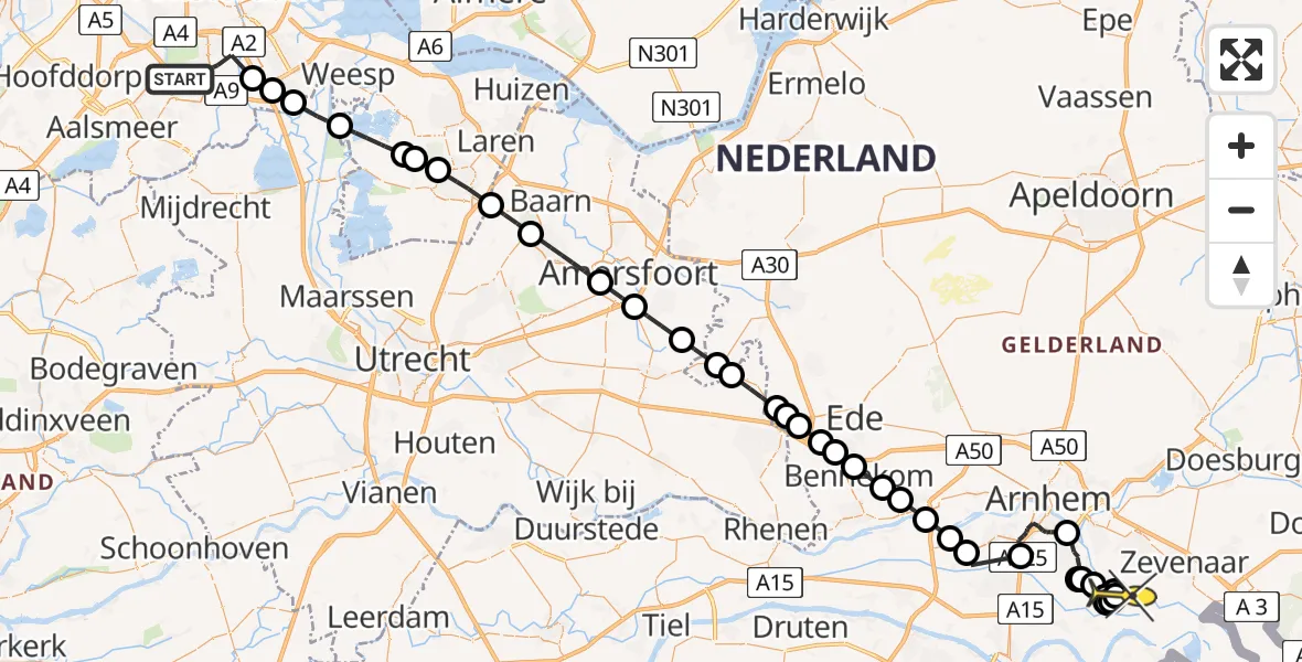 Routekaart van de vlucht: Politieheli naar Pannerden, De Beerebijt