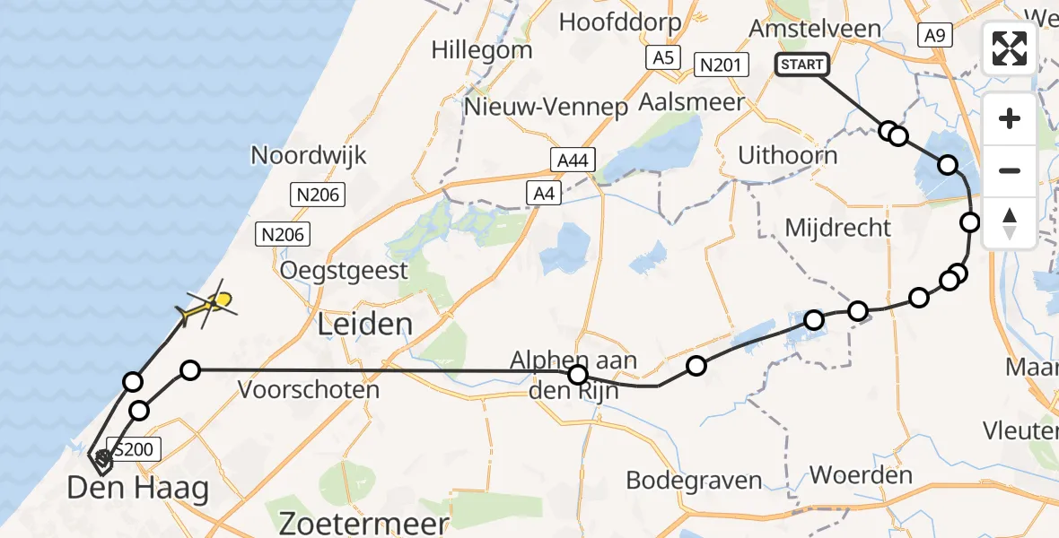 Routekaart van de vlucht: Politiehelikopter naar Wassenaar, Waverdijk