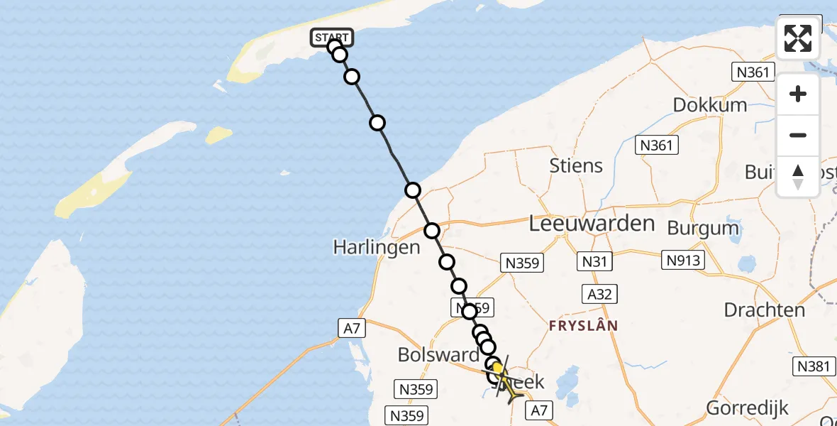 Routekaart van de vlucht: Ambulanceheli naar Sneek, Doaiumer Feart