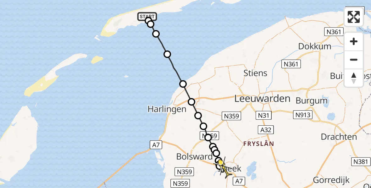 Routekaart van de vlucht: Ambulancehelikopter naar Sneek, Doaiumer Feart