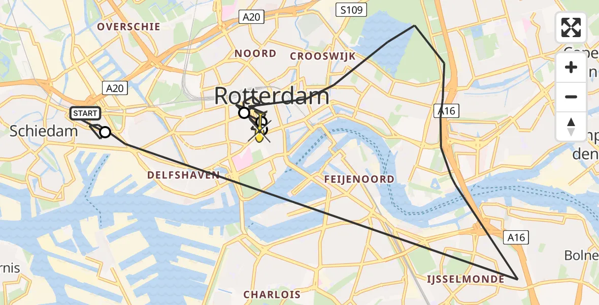 Routekaart van de vlucht: Politieheli naar Erasmus MC, Hogenbanweg