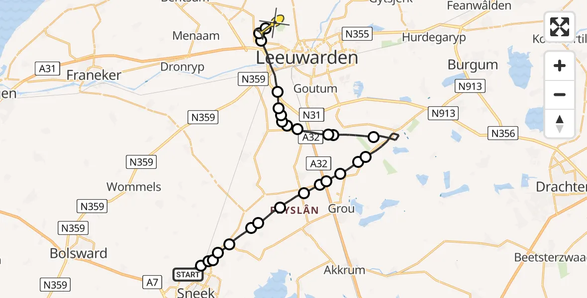 Routekaart van de vlucht: Ambulanceheli naar Vliegbasis Leeuwarden, Ivige Leane