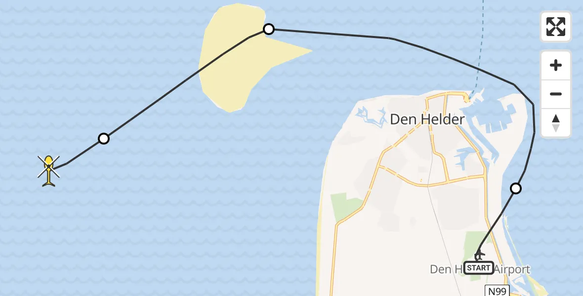 Vluchtroute Kustwachthelikopter van Vliegveld De Kooy naar 