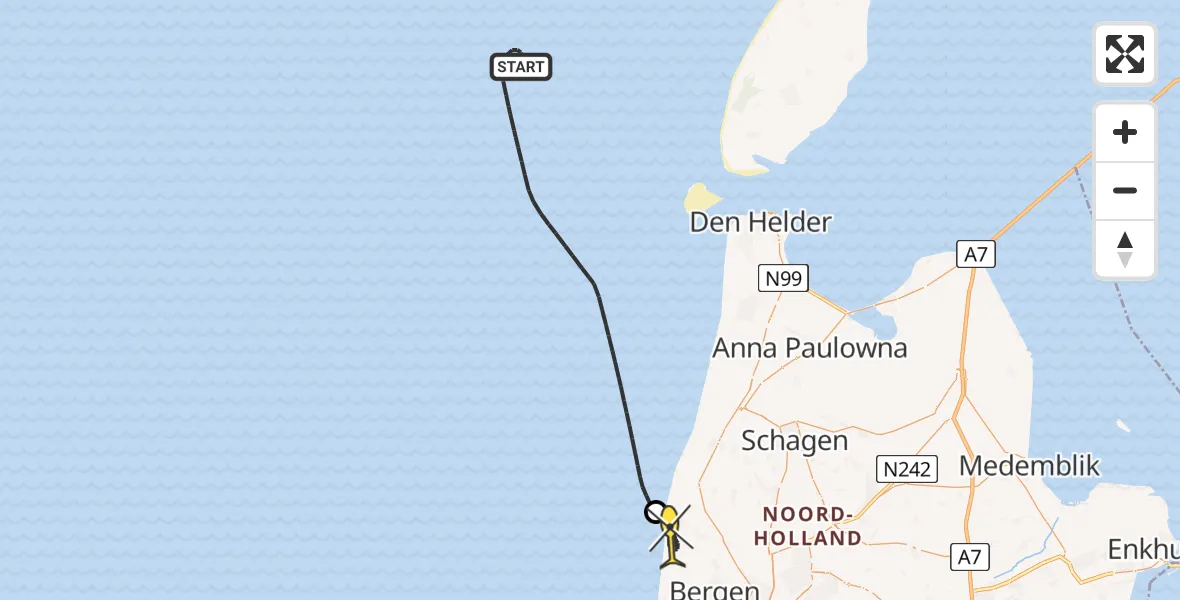Routekaart van de vlucht: Kustwachthelikopter naar Schoorl, Hargerzeeweg