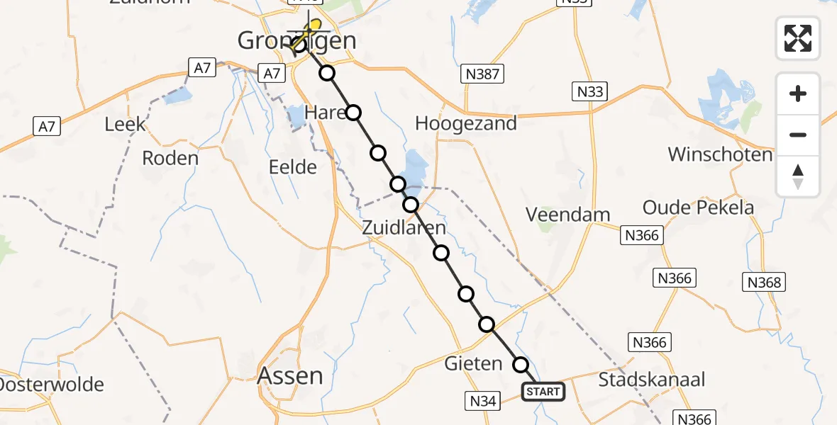 Routekaart van de vlucht: Lifeliner 4 naar Universitair Medisch Centrum Groningen, Noorderdwarsdijk