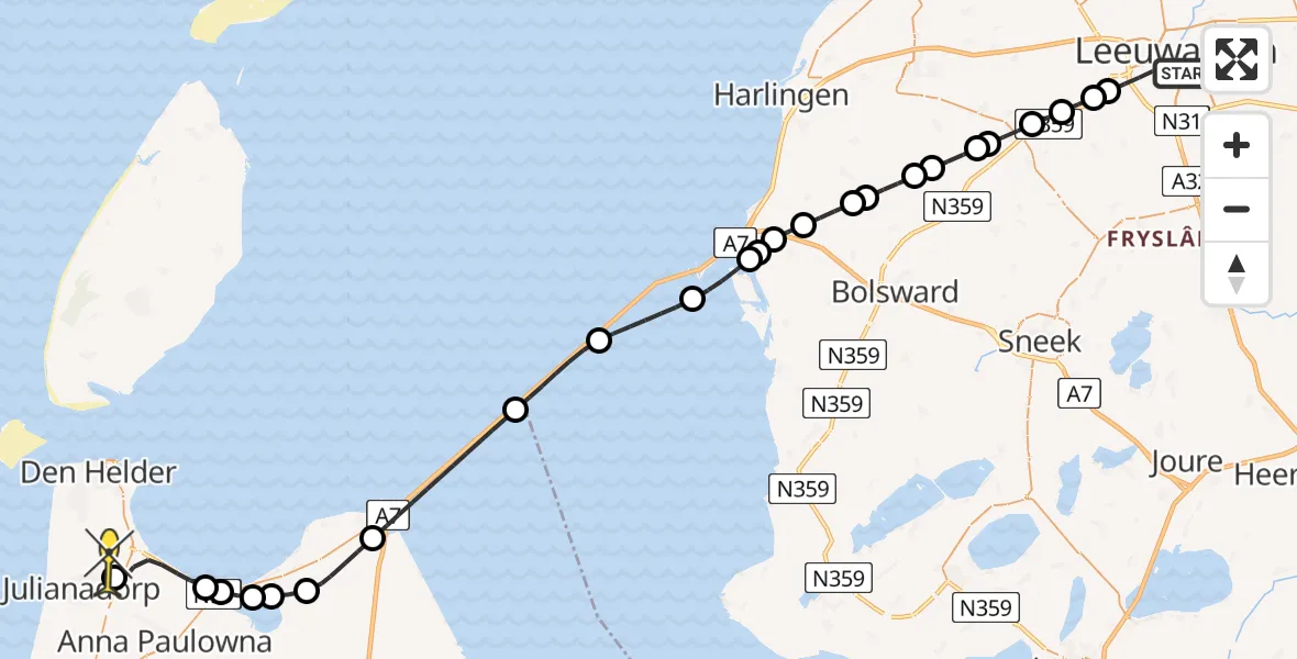 Routekaart van de vlucht: Kustwachthelikopter naar Julianadorp, Middelzeelaan