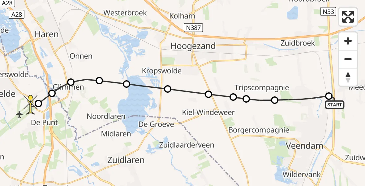 Routekaart van de vlucht: Lifeliner 4 naar Groningen Airport Eelde, Biefkestreek