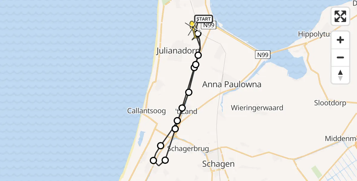 Routekaart van de vlucht: Kustwachthelikopter naar Julianadorp, Maria's hoeve