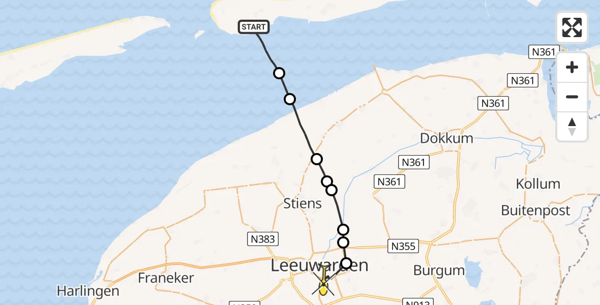 Routekaart van de vlucht: Ambulanceheli naar Leeuwarden, Uitwatering