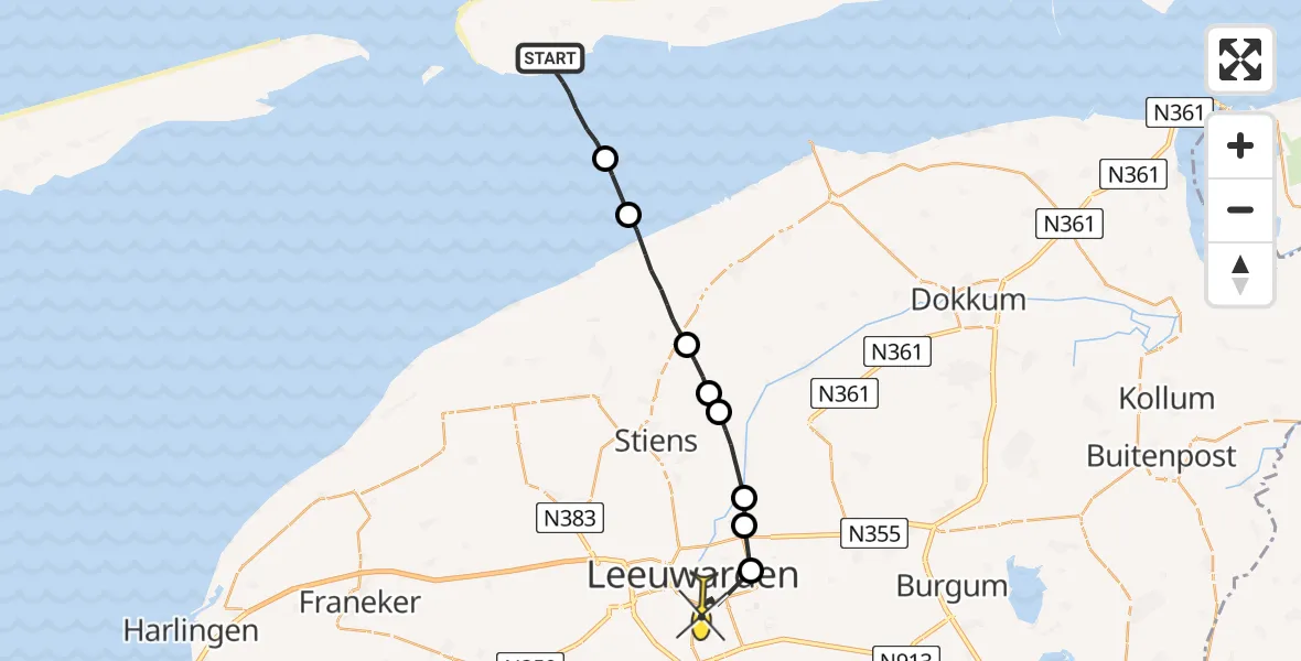 Routekaart van de vlucht: Ambulancehelikopter naar Leeuwarden, Uitwatering
