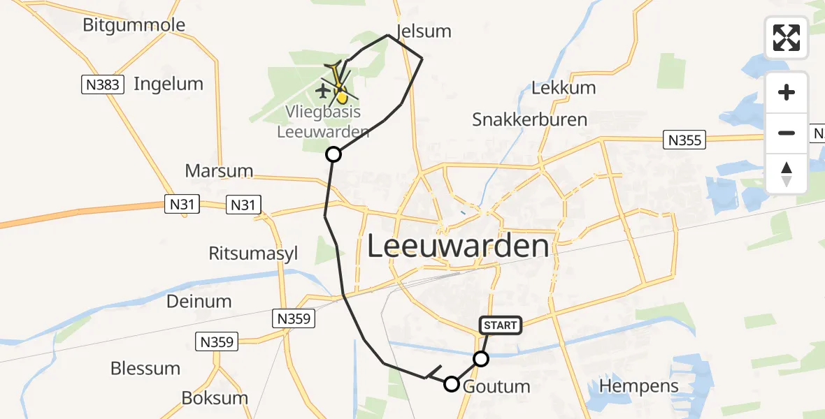 Vluchtroute Ambulancehelikopter van Leeuwarden naar Vliegbasis Leeuwarden