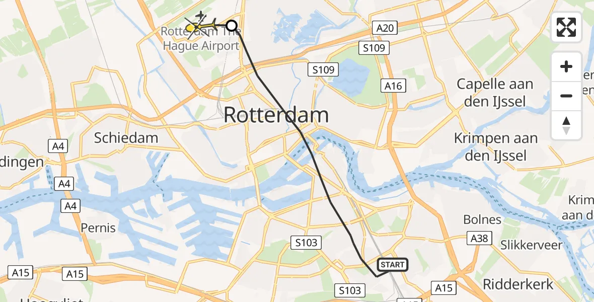 Routekaart van de vlucht: Lifeliner 2 naar Rotterdam The Hague Airport, 1e Opbouwstraat