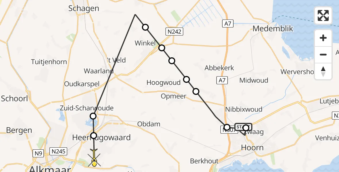 Routekaart van de vlucht: Politieheli naar Heerhugowaard, Dorpsstraat