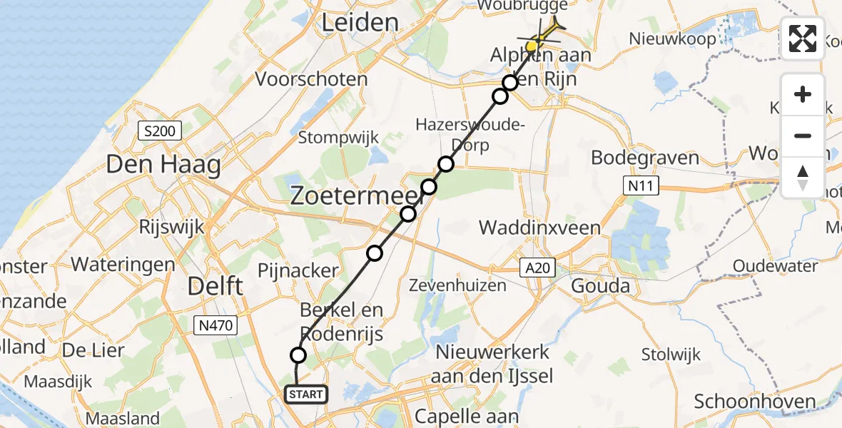 Routekaart van de vlucht: Lifeliner 2 naar Alphen aan den Rijn, Schieveense polder