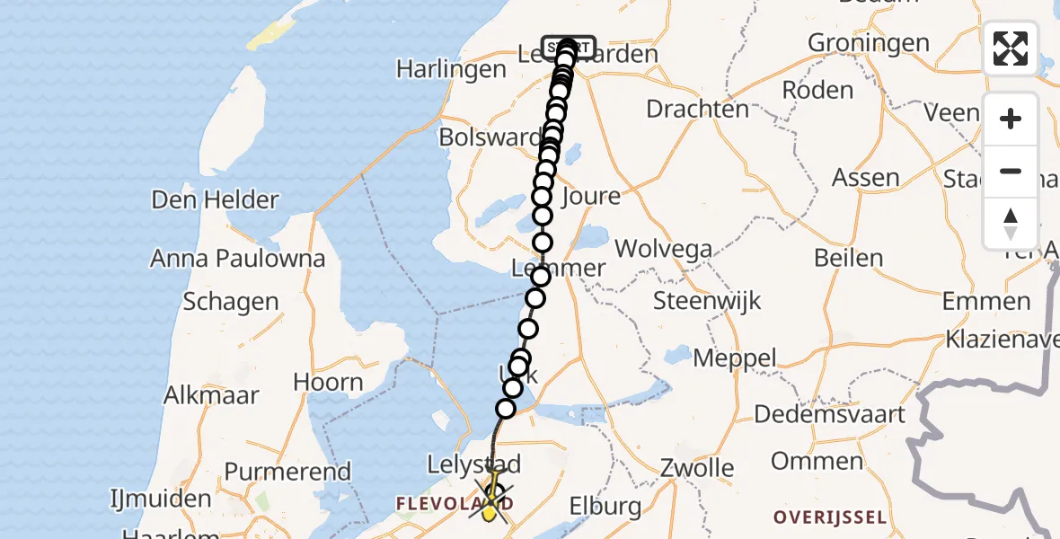 Routekaart van de vlucht: Ambulancehelikopter naar Lelystad Airport, Sylsterdyk