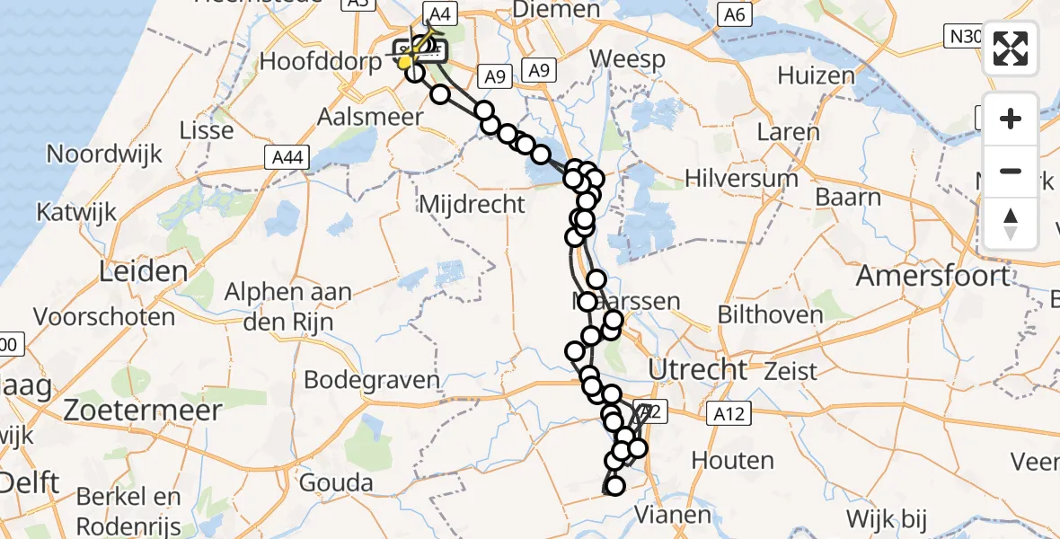 Routekaart van de vlucht: Politieheli naar Schiphol, Amsterdam-Bataviaweg