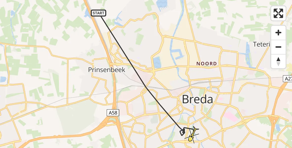 Routekaart van de vlucht: Lifeliner 2 naar Breda, Westerparklaan