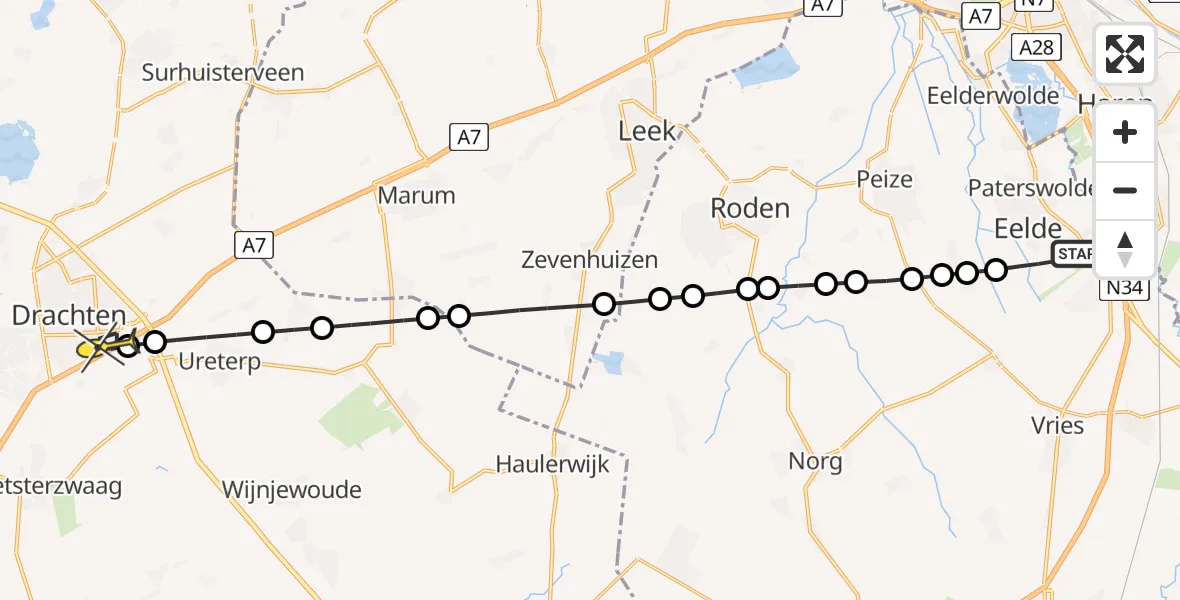 Routekaart van de vlucht: Lifeliner 4 naar Drachten, Lugtenbergerweg