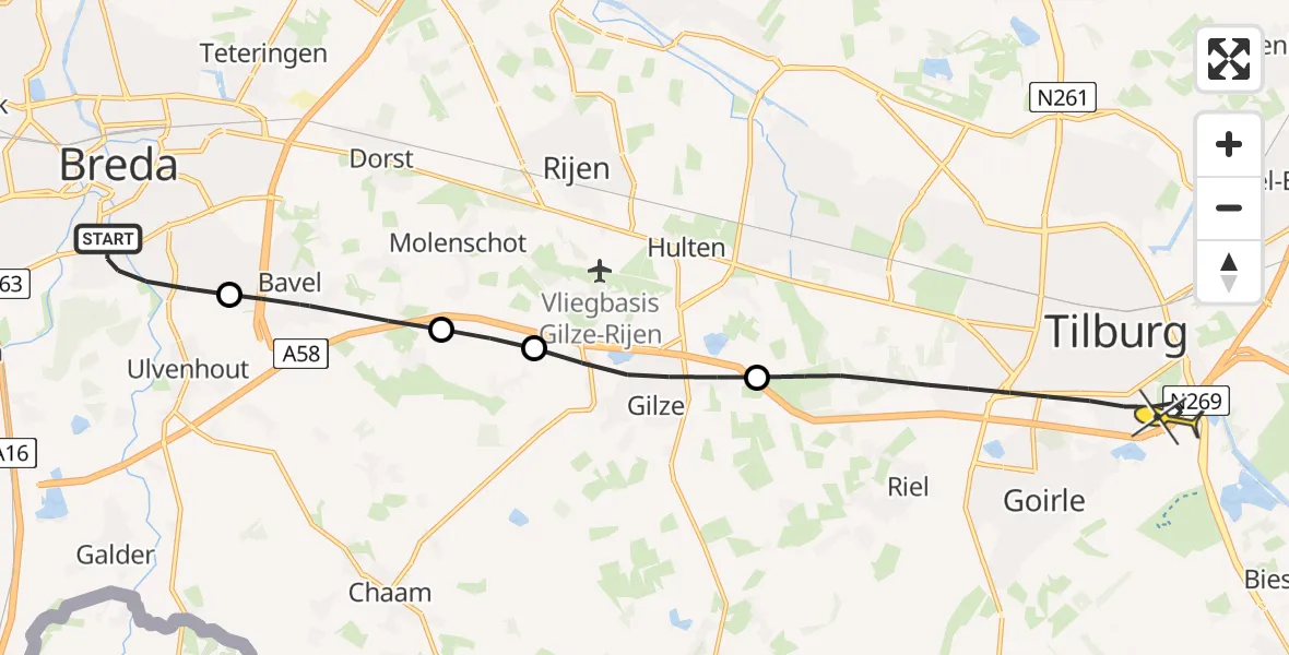 Routekaart van de vlucht: Lifeliner 2 naar Tilburg, Duivelsbruglaan