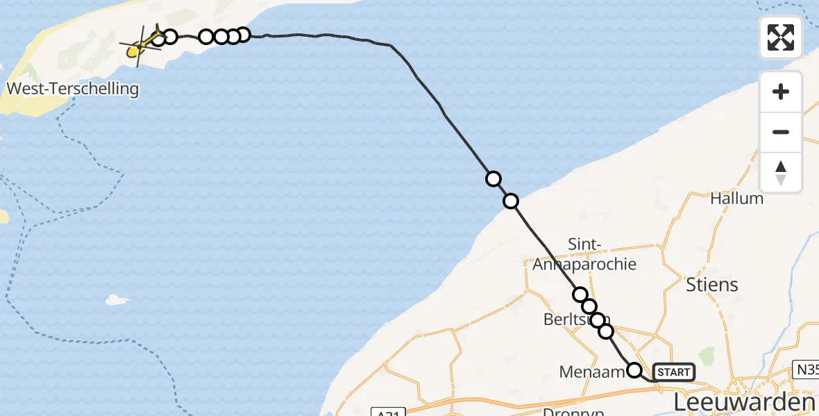 Routekaart van de vlucht: Ambulanceheli naar Midsland, Rypsterdyk