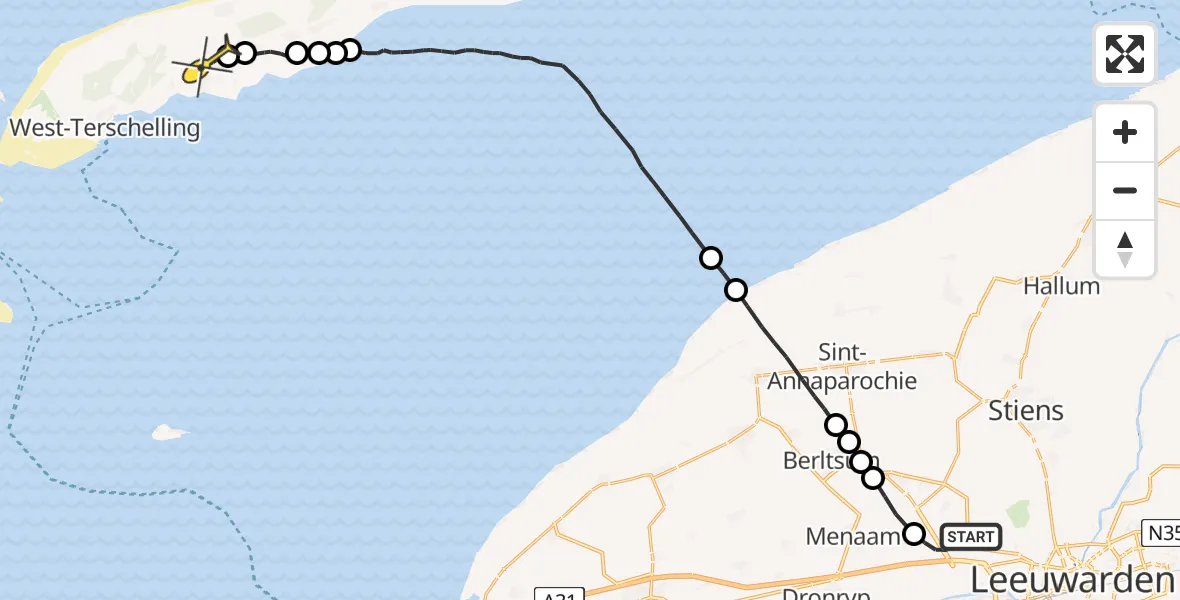 Routekaart van de vlucht: Ambulancehelikopter naar Midsland, Rypsterdyk