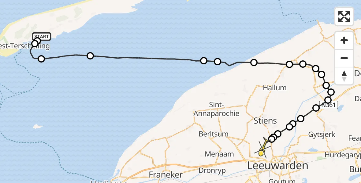 Routekaart van de vlucht: Ambulanceheli naar Vliegbasis Leeuwarden, Westerdijk