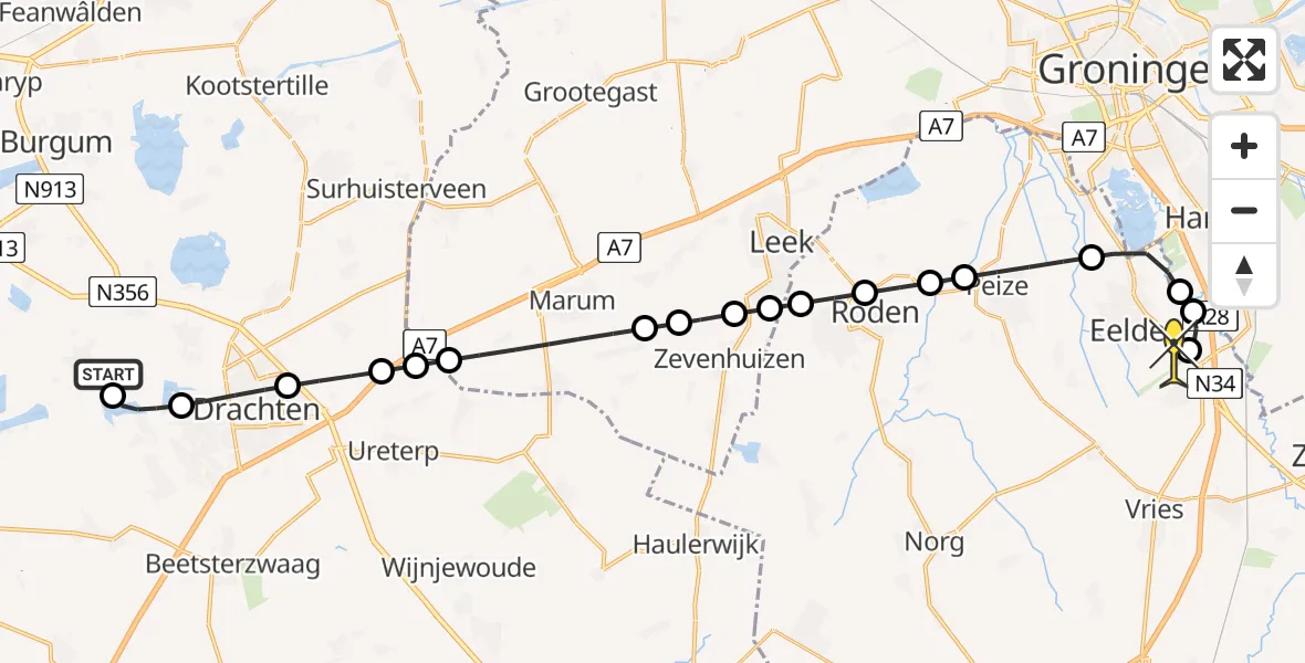 Routekaart van de vlucht: Lifeliner 4 naar Groningen Airport Eelde, Skieppekampen