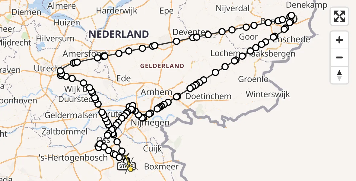 Routekaart van de vlucht: Politieheli naar Vliegbasis Volkel, Zeelandsedijk