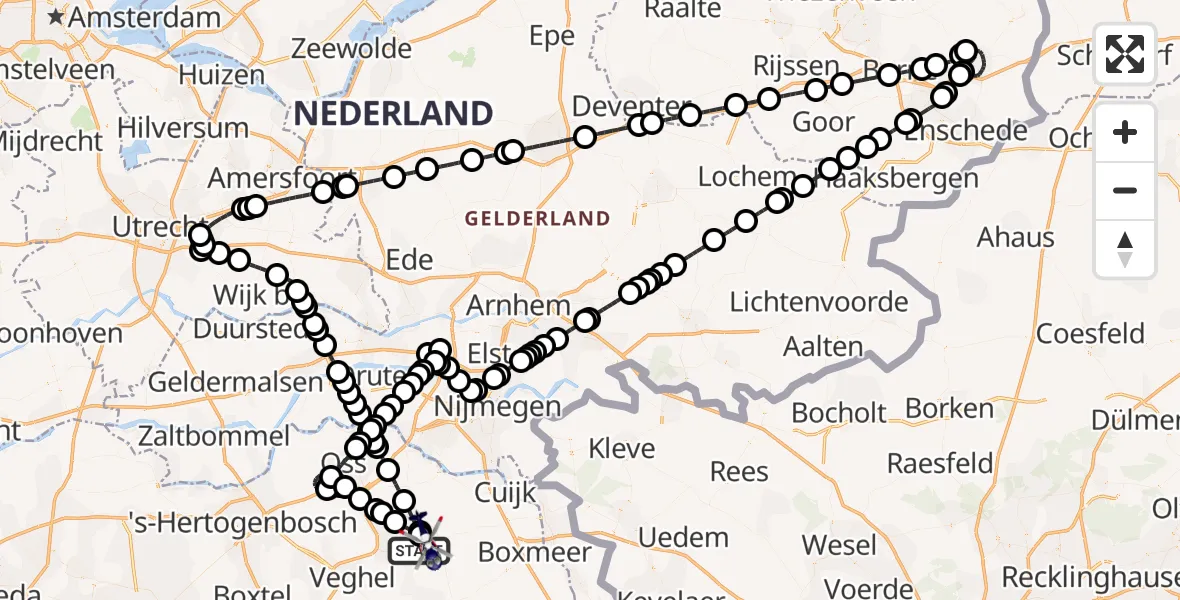 Vluchtroute Politiehelikopter van Vliegbasis Volkel naar Vliegbasis Volkel